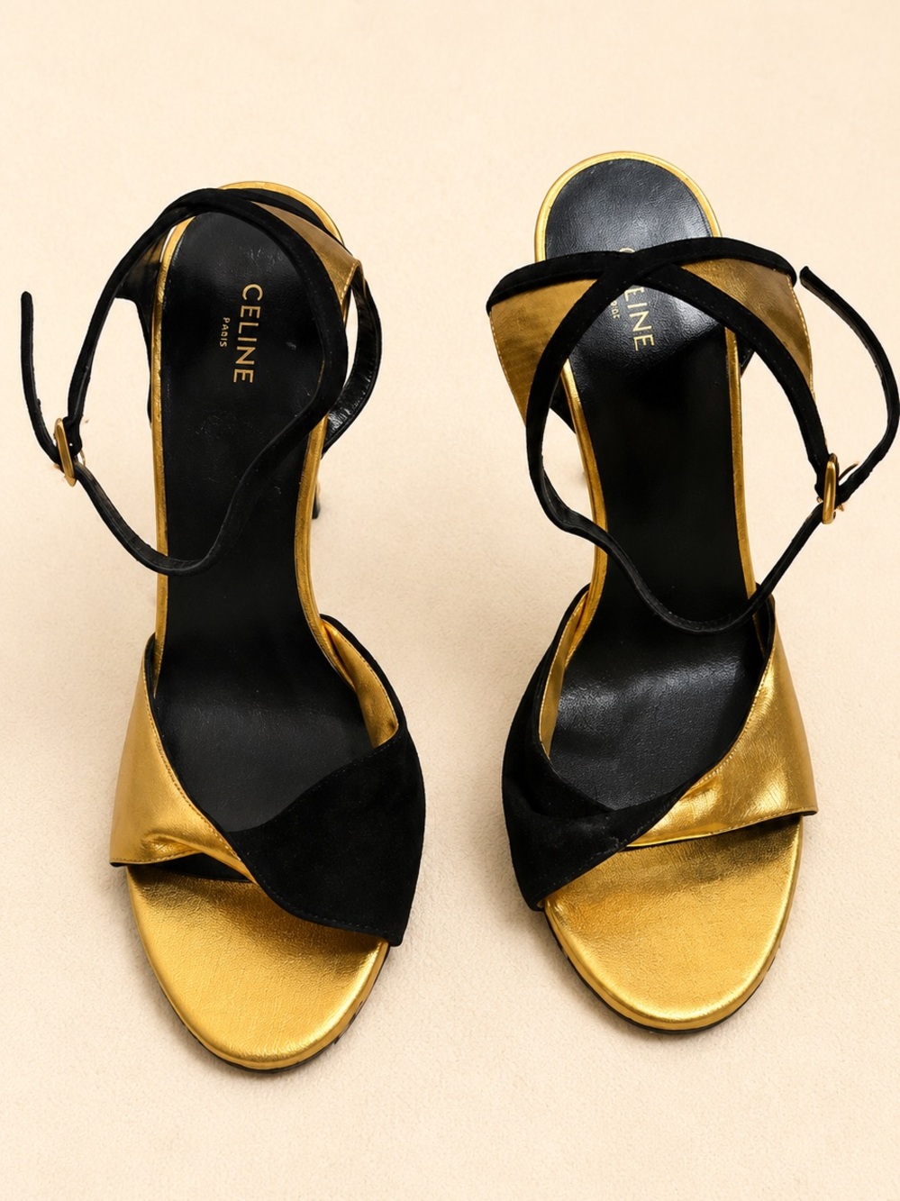 Celine Black and Gold Crisscross Ankle-Strap Heels